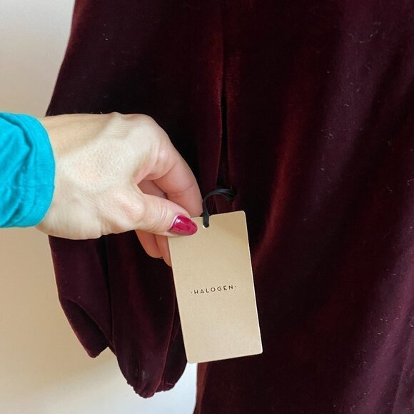 HALOGEN BNWT Burgundy Velvet Top Velour Bubble Sleeve New - Picture 8 of 10